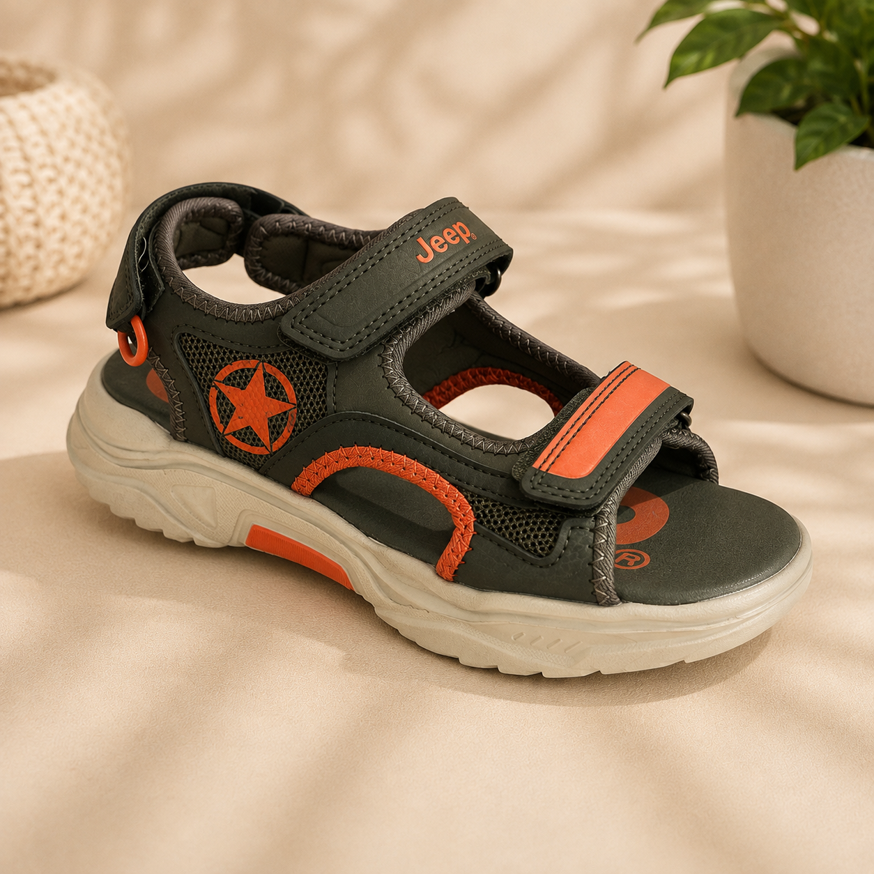 Sandales Sport Enfant – Kaki & Orange à Scratchs