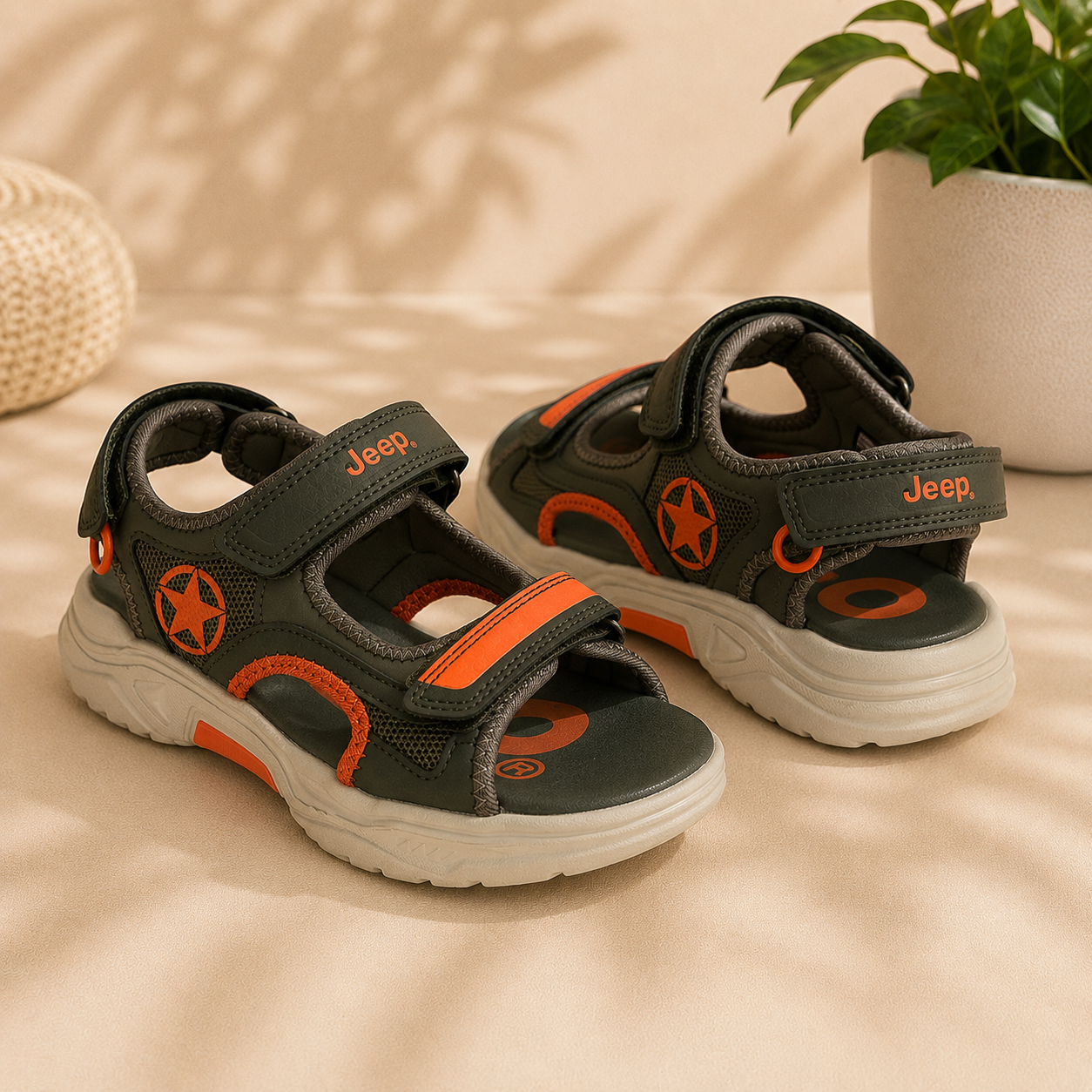 Sandales Sport Enfant – Kaki & Orange à Scratchs