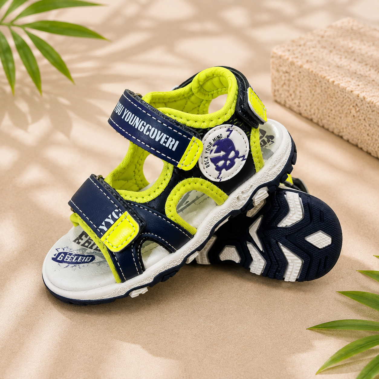 Sandales Sport Enfant – Bleu Marine & Jaune Fluo