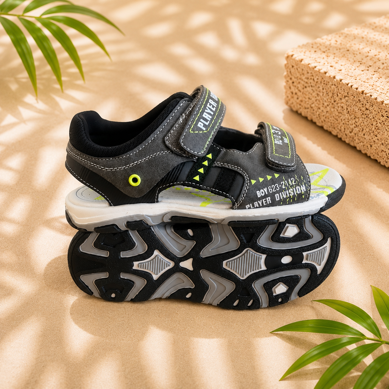 Sandales Sport Enfant Player Division – Gris & Vert Fluo
