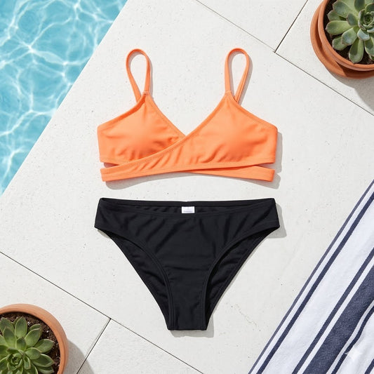 Maillot de bain 2 pièces ado/fille bicolore – Haut Orange Croisé et Culotte Noire