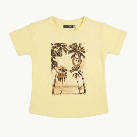 T-shirt jaune clair enfant imprimé photo palmiers « TROPIC »