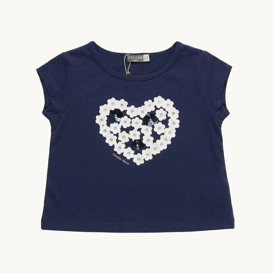 T-shirt bleu marine fille à dos croisé et boutonné motif cœu