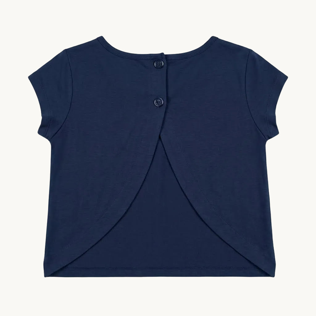 T-shirt bleu marine fille à dos croisé et boutonné motif cœu