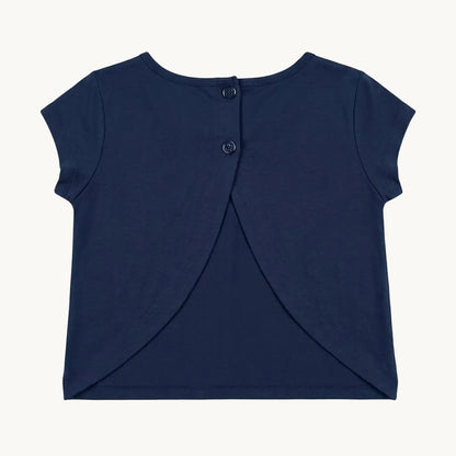 T-shirt bleu marine fille à dos croisé et boutonné motif cœu