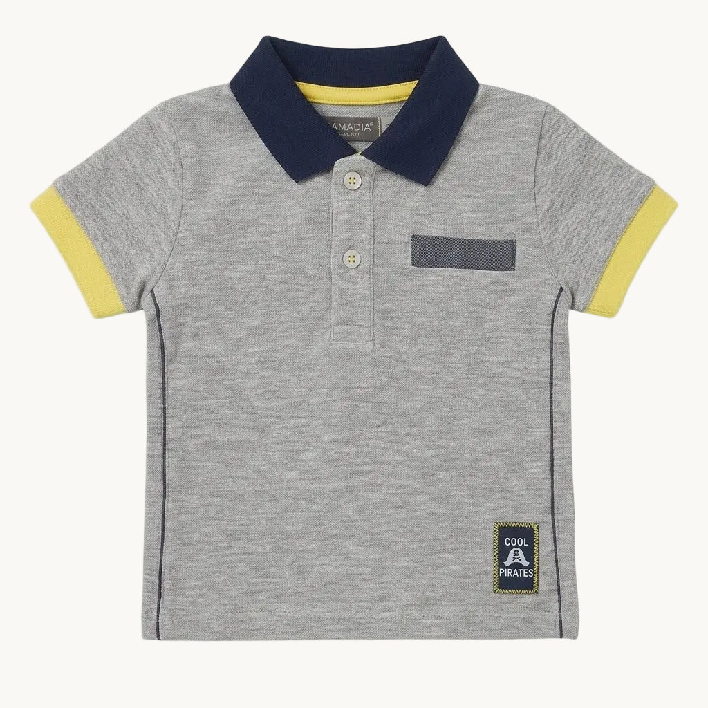 Polo manches courtes gris chiné col marine et jaune