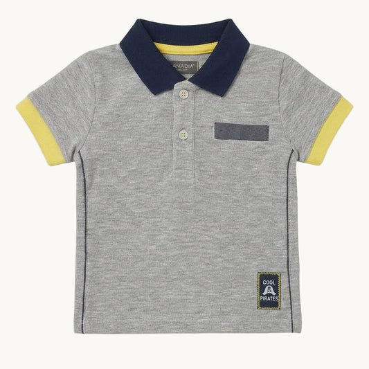 Polo manches courtes gris chiné col marine et jaune