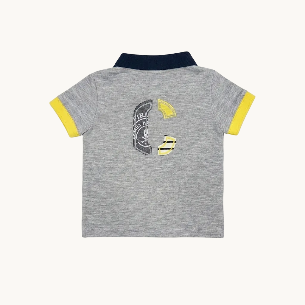Polo manches courtes gris chiné col marine et jaune