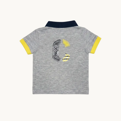 Polo manches courtes gris chiné col marine et jaune