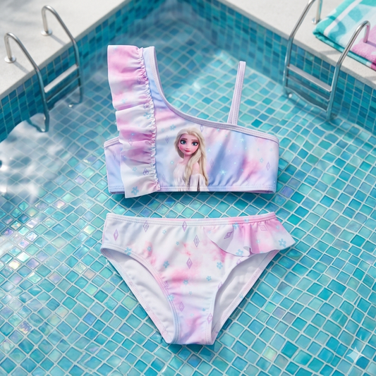 Bikini asymétrique fille imprimé Disney® Elsa à volants
