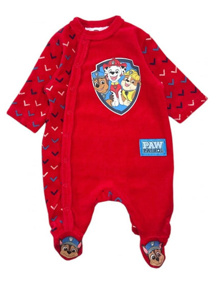 Pyjama grenouillère Patrouille Canine pour bébé – Dors-bien en velours rouge avec Chase, Marcus et Ruben