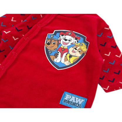 Pyjama grenouillère Patrouille Canine pour bébé – Dors-bien en velours rouge avec Chase, Marcus et Ruben