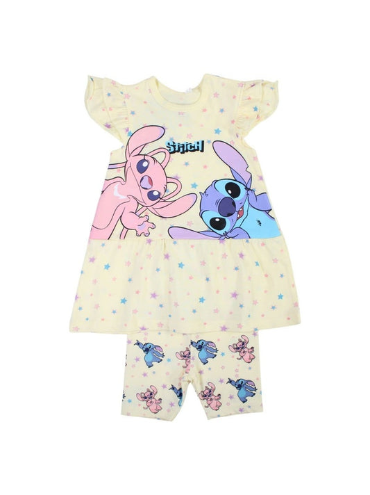 Ensemble d'été Stitch et Angel pour fille – Tunique jaune à volants et short cycliste Disney