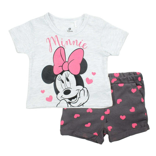 Ensemble d'été Minnie Mouse pour bébé fille – T-shirt gris chiné et short anthracite à cœurs roses Disney