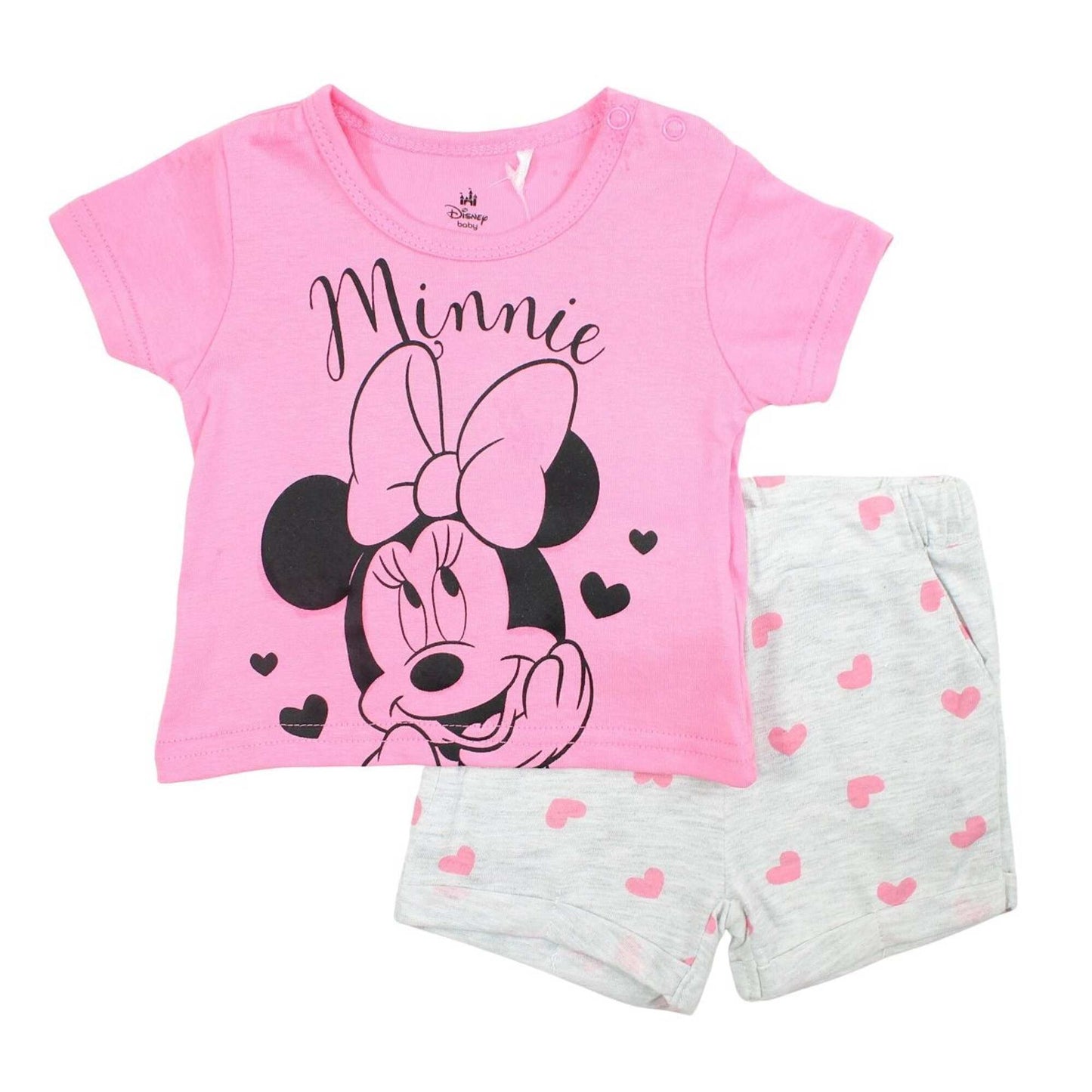 Pyjama court Minnie Mouse pour bébé fille – Ensemble T-shirt rose et short gris à cœurs