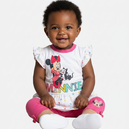 Ensemble Tunique et Legging Minnie Mouse pour bébé – Robe d'été blanche à pois et legging fuchsia Disney