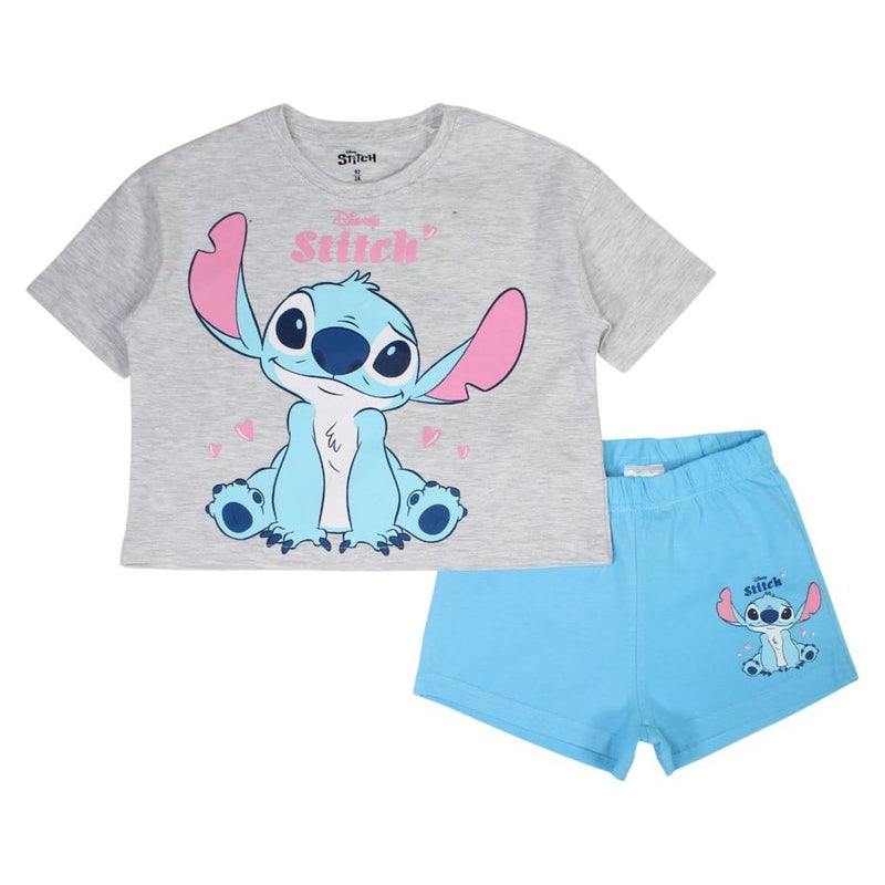 Ensemble d'été Stitch pour fille – T-shirt crop top gris chiné et short bleu turquoise Disney
