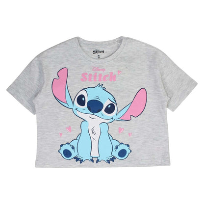 Ensemble d'été Stitch pour fille – T-shirt crop top gris chiné et short bleu turquoise Disney