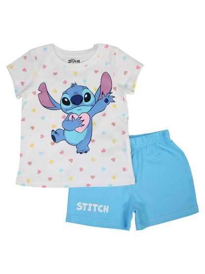 Ensemble d'été Stitch pour fille – T-shirt blanc à cœurs et short bleu turquoise Disney