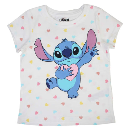 Ensemble d'été Stitch pour fille – T-shirt blanc à cœurs et short bleu turquoise Disney