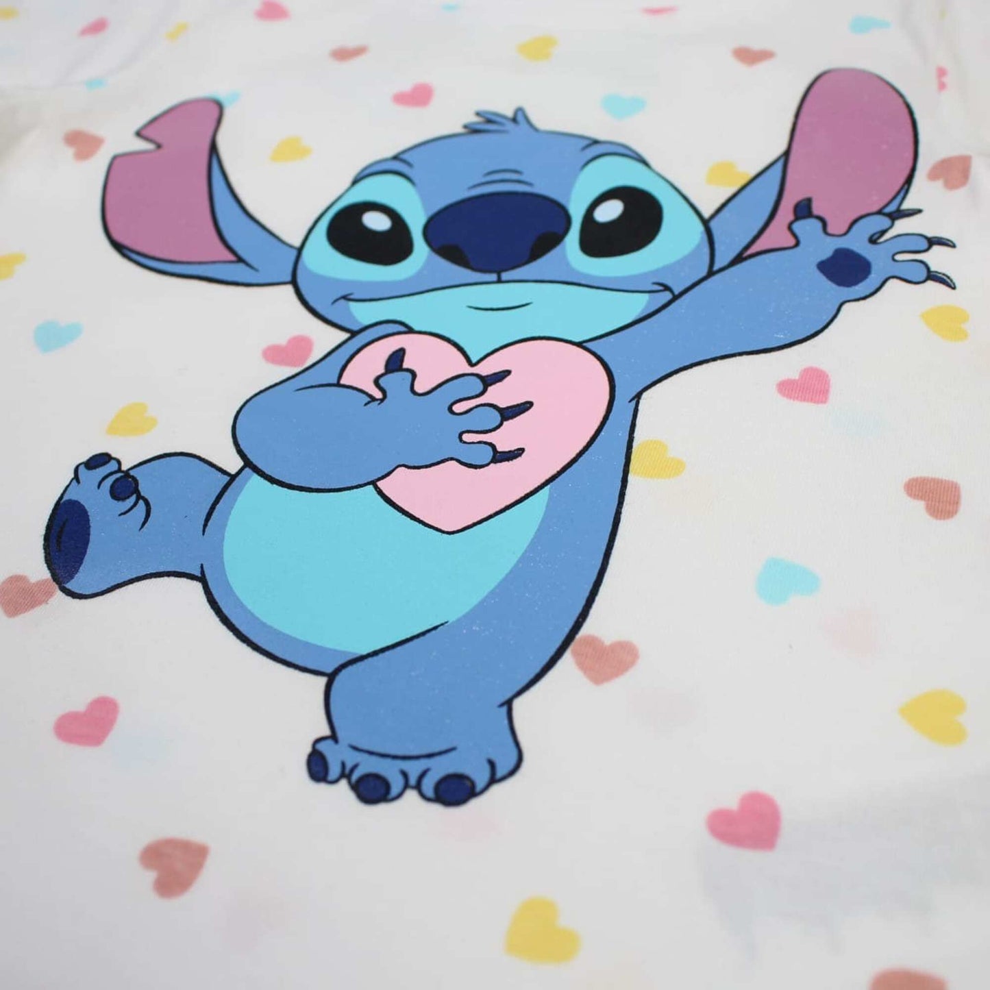 Ensemble d'été Stitch pour fille – T-shirt blanc à cœurs et short bleu turquoise Disney