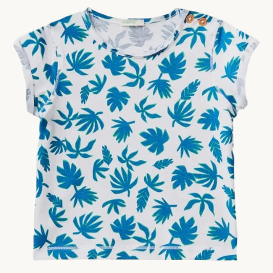 T-shirt bébé blanc à imprimé feuilles tropicales bleues