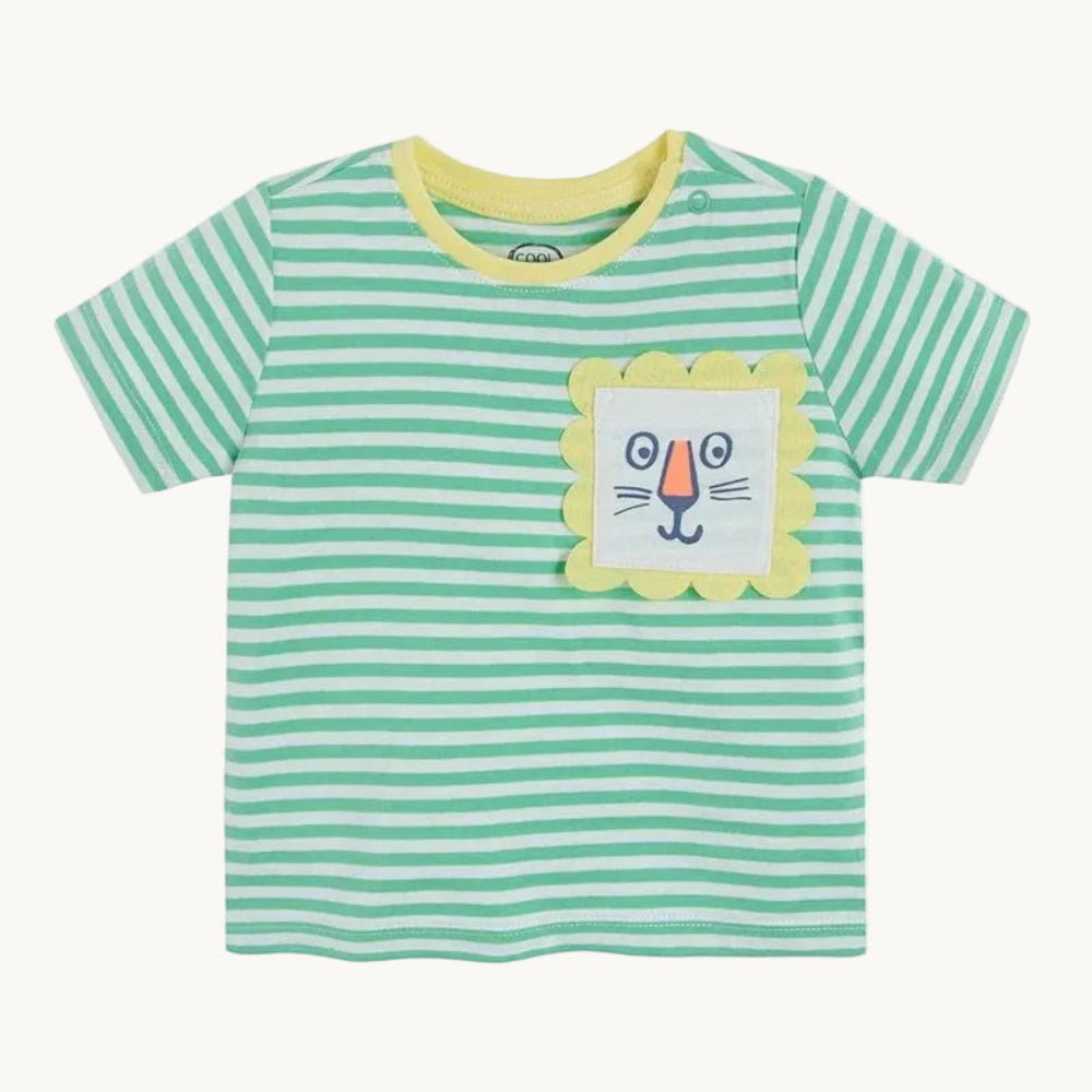 T-shirt Rayé Vert et Blanc avec Poche Lion – Collection Bébé Cool Club