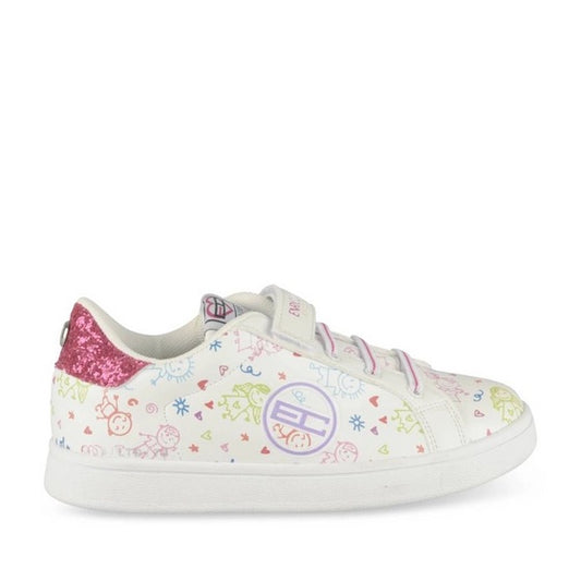 Baskets Blanches Fille Enrico Coveri – Motifs Dessins Enfants & Talon Pailleté Rose