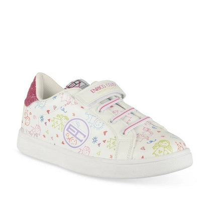 Baskets Blanches Fille Enrico Coveri – Motifs Dessins Enfants & Talon Pailleté Rose