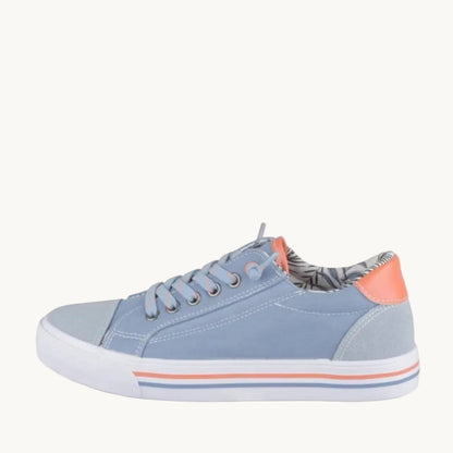 Tennis en Toile Bleu Jean Enfant – Détails Corail et Doublure Tropicale