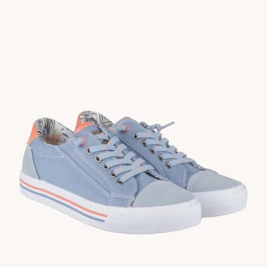 Tennis en Toile Bleu Jean Enfant – Détails Corail et Doublure Tropicale