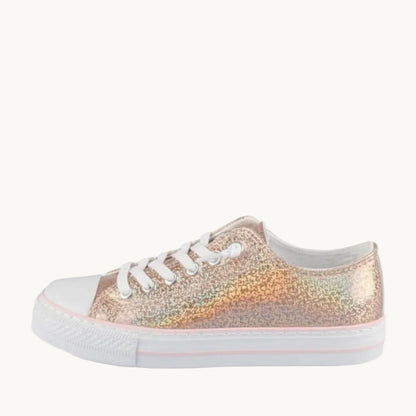 Baskets en Toile Fille Rose Doré – Tennis Pailletées à Lacets Élastiques