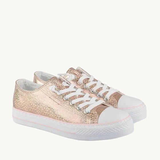 Baskets en Toile Fille Rose Doré – Tennis Pailletées à Lacets Élastiques
