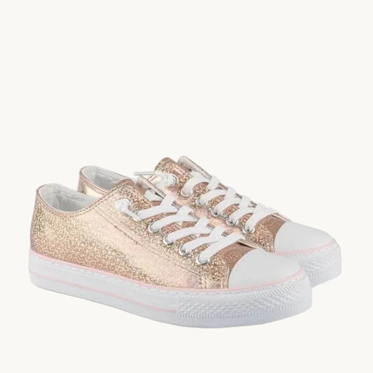 Baskets en Toile Fille Rose Doré – Tennis Pailletées à Lacets Élastiques