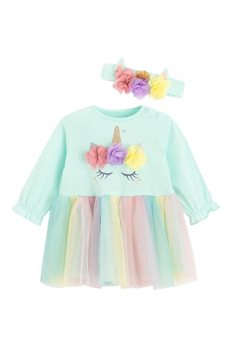 Robe Licorne Fille en Tulle Arc-en-Ciel avec Bandeau Assorti