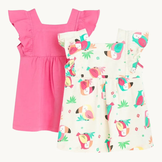 Ensemble de 2 Robes Bébé Fille – Fuchsia et Imprimé Toucan Tropique