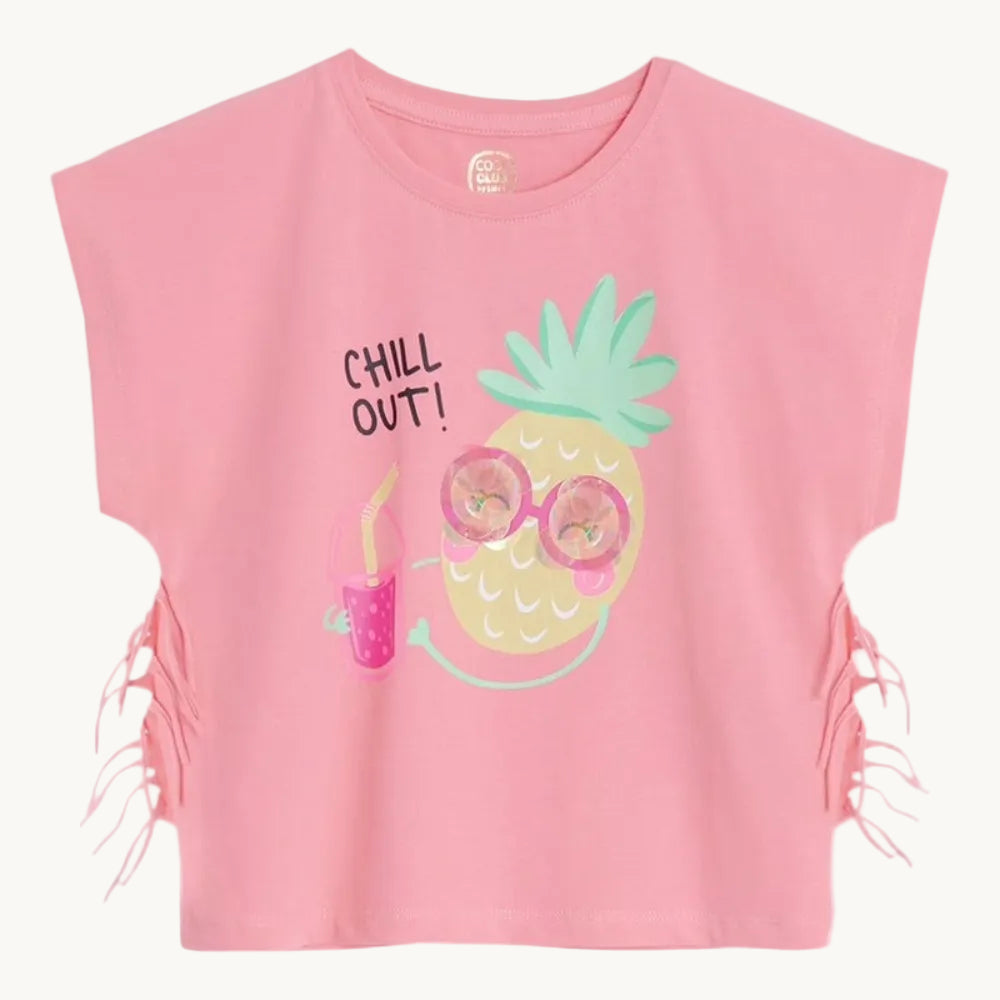 T-shirt court rose "Chill Out" à franges et motif ananas