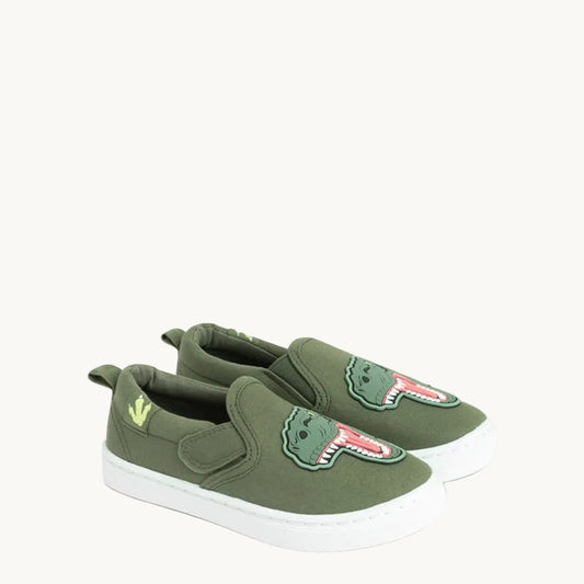 Baskets Slip-On Enfant Cool Club – Vert Kaki à Scratch Motif Dinosaure T-Rex
