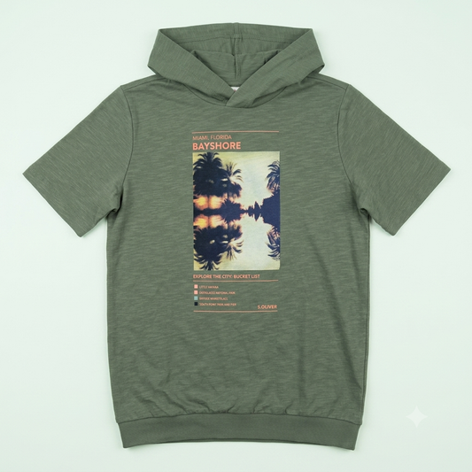 T-shirt à capuche manches courtes vert kaki imprimé "Bayshore Miami"