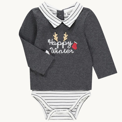 Body 2-en-1 Bébé Gris Anthracite à Col Chemise - "Happy Winter"