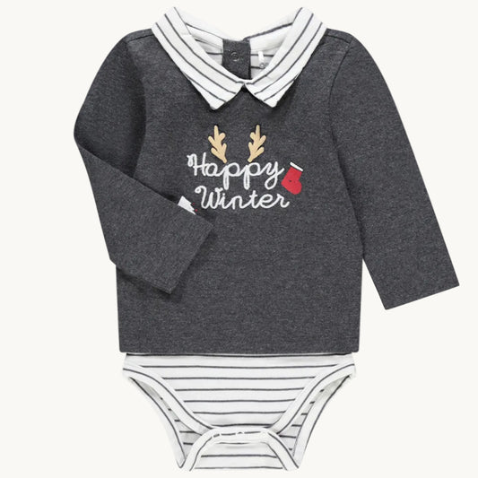 Body 2-en-1 Bébé Gris Anthracite à Col Chemise - "Happy Winter"