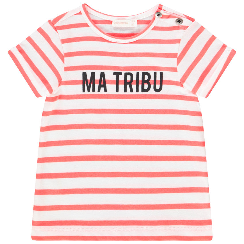 T-shirt Bébé Rayé Corail et Blanc - "Ma Tribu"