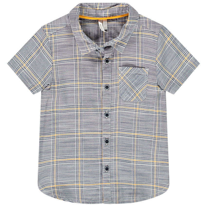 Chemise Manches Courtes Bébé Grise à Carreaux et Lignes Jaunes