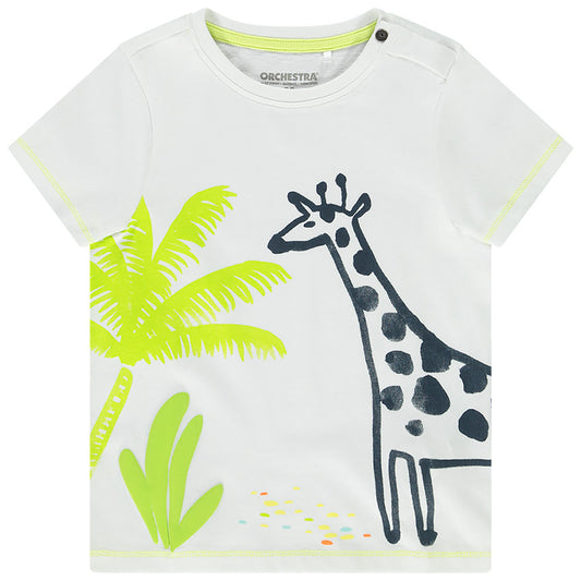 T-shirt Bébé Blanc Motif Girafe et Palmier Vert Fluo