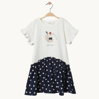 Robe bi-matière Fille blanche et bleu marine à pois - Motif Danseuse