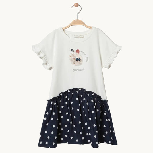 Robe bi-matière Fille blanche et bleu marine à pois - Motif Danseuse