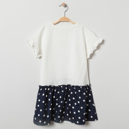 Robe bi-matière Fille blanche et bleu marine à pois - Motif Danseuse