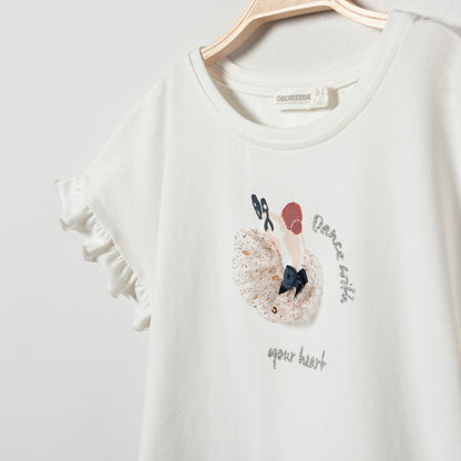 Robe bi-matière Fille blanche et bleu marine à pois - Motif Danseuse