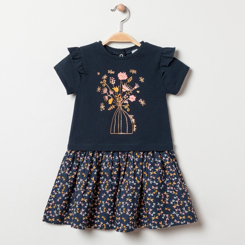 Robe bi-matière bleu marine à motifs fleurs et libellules - Orchestra