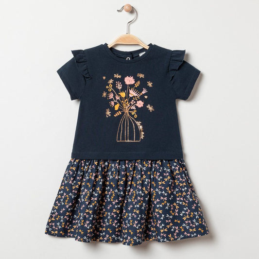 Robe bi-matière bleu marine à motifs fleurs et libellules - Orchestra